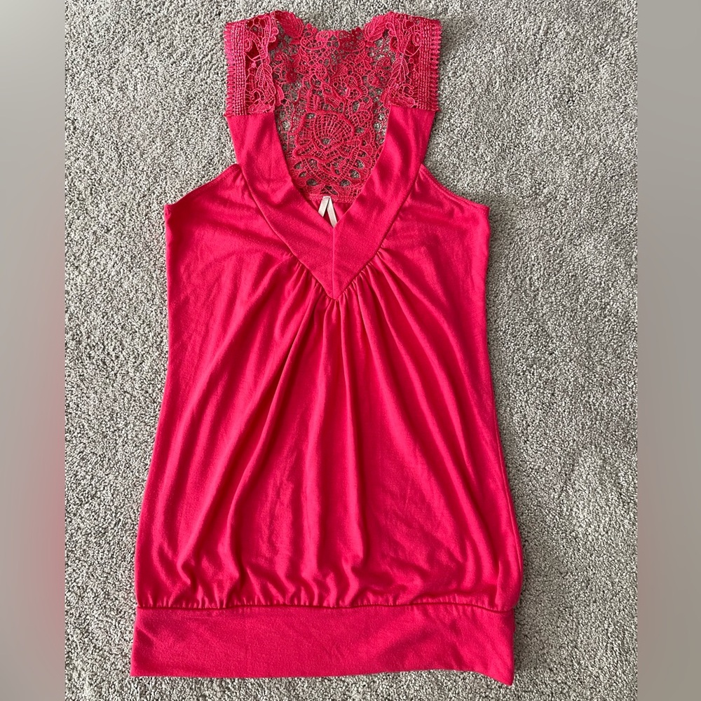 Bright Pink Lace Back Tank. Small
